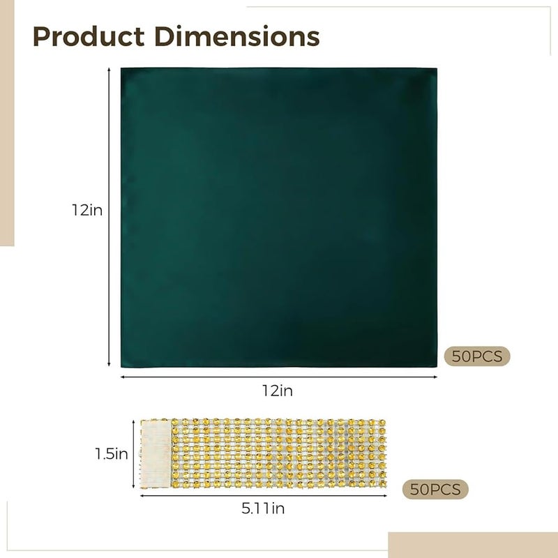 مناديل ساتان أخضر داكن مع حلقات كريستال ذهبية مجموعة 30x30 سم للمناسبات والولائم - Image 3